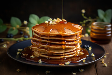 A stack of fluffy whole-grain pancakes is drizzled with maple syrup, ready for a hearty breakfast