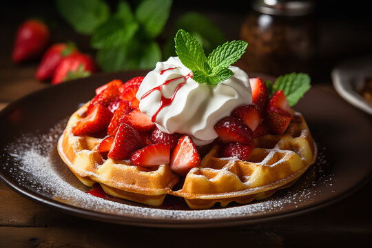 A plate holds Belgian waffles topped with whipped cream and fresh strawberries, perfect for brunch