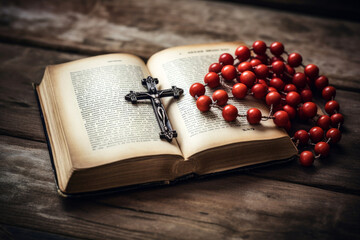 Open bible and wooden rosary with a cross