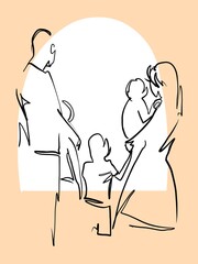 minimalistic linear illustration with a family with children on a window background for decoration 