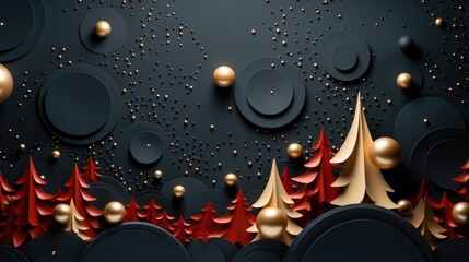 Abstract design featuring red and gold trees with circular elements arranged in a black background setting