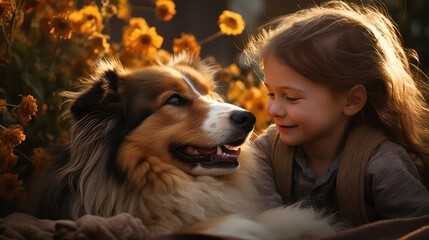 charming baby girl and her dog in the garden