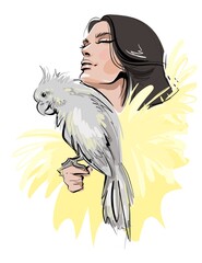  illustration portrait of a beautiful young woman with feathers and a parrot in her hand fashion illustration 