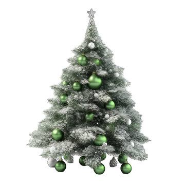 decorated Christmas tree with a big star on top and snow and green baubles isolated on white background
