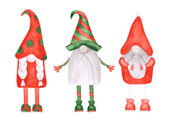 Set of 3 Christmas gnomes isolated on a white background. Watercolor dwarf collection. Adorable leprechaun vector illustration. Hand-drawn Scandinavian fairy tale characters. Nordic cartoon art.