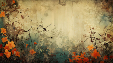 Shabby chic background with colorful flowers, vintage wallpaper, minimalistic illustration with copy space