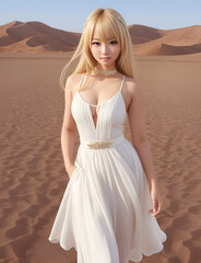 Fototapeta na wymiar Beautiful Asian girl with blond hair wearing a comfortable dress standing in the middle of the desert. ai generative