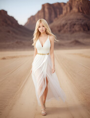 Fototapeta na wymiar Beautiful Asian girl with blond hair wearing a comfortable dress standing in the middle of the desert. ai generative