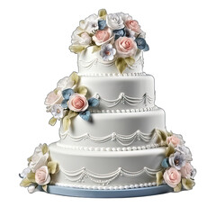 wedding cake decorated with flowers for bride and groom isolated on white background