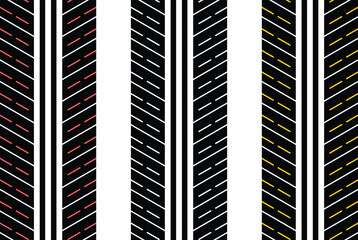 Track marks yellow, red and white color icon. Detailed automobile, motorcycle tyre traces. Car winter wheel print. Vector illustration.