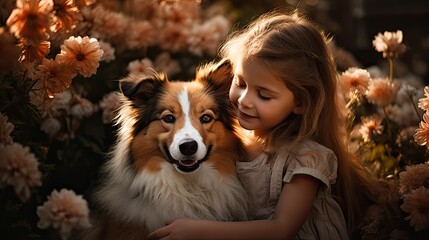 charming baby girl and her dog in the garden