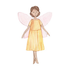 Watercolor hand drawn illustration of a little fairy girl. Drawing for children's design.