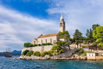 Lopud, Croatia - August 09, 2023: Church Holy Mary of Spilice, Lopud, Elaphiti Islands, Croatia