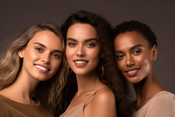 Multicultural group of young women  smiling together at camera, models 
