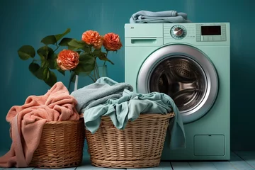 Fotobehang Washing machine with basket of dirty clothes on table in laundry room © meow