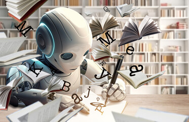 ai concept, white robot writing at library - obrazy, fototapety, plakaty