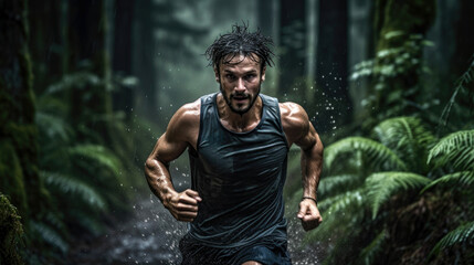 a man running in the rainy forest
