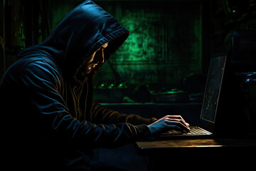 Mysterious hacker with his computer working in his lair
