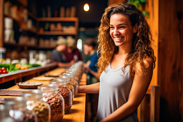 Female customer buying cereals in bulk store