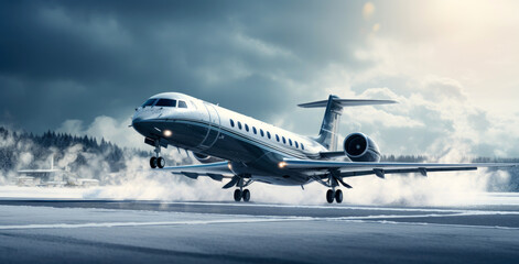 Fototapeta na wymiar A private jet taking off against a snowy runway.