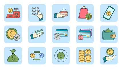 Hand drawn Payment flat icon set. payment doodle icon collections. money, credit card,  exchange,  cash and transaction symbol.