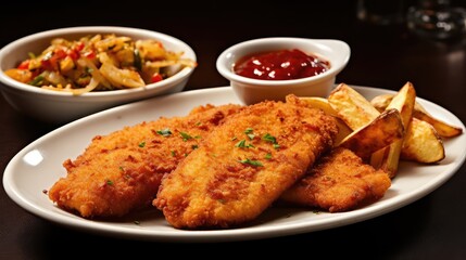 Fried Catfish served with fried potato mustard and ketchup