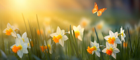  flowers daffodils in spring summer in and orange butterfly on nature outdoors with beautiful bokeh