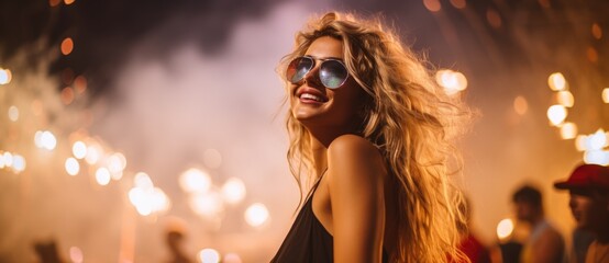 Happy party girl in sunglasses enjoy and celebrating evening concert