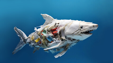 Shark made of crumpled discarded plastic waste isolated on blue background. The ecology concept of damage environment, ocean and water pollution, recycling and nature conservation. - obrazy, fototapety, plakaty