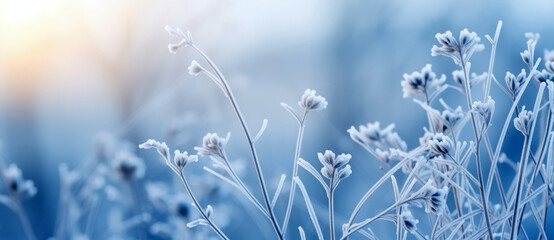 Beautiful winter background with a plants covered with hoarfrost and snow