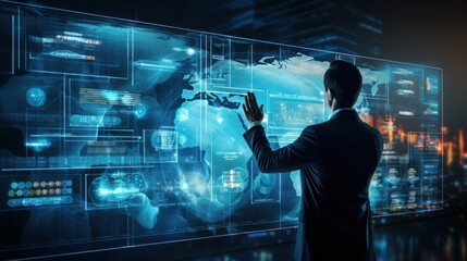 business man touching on digital business chart interface on blurry office interior background. Finance, trade, technology and future concept.