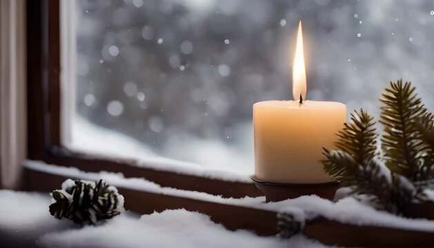 A candle is burning on the windowsill and its flame is moving, it is snowing outside the window