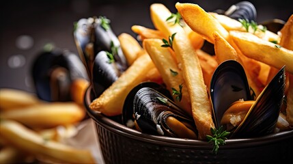 French Moules frites consists of mussels and French fried potatoes - obrazy, fototapety, plakaty