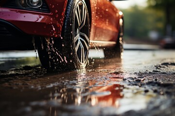 Car's tires being meticulously cleaned with a powerful pressure washer, Generative AI