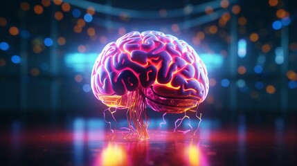 AI generated illustration of a neon glowing artificial brain with a dark bokeh background - obrazy, fototapety, plakaty