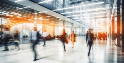 business workplace with people in walking in blurred motion in modern office space