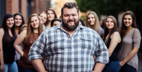 Fototapeta premium Young large, plus size man with a group of large girls behind him