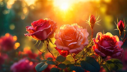 Colorful Roses Blooming in the garden  - obrazy, fototapety, plakaty