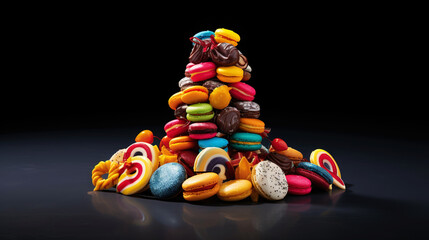Top view on delicious multicolored candies on black rustic background. Generative AI
