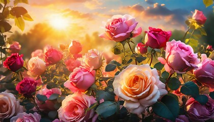 Colorful Roses Blooming in the garden  - obrazy, fototapety, plakaty