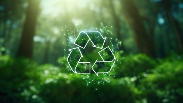 The green recycle symbol is on a green bokeh background. save the earth, Saving environment, and environmentally sustainable. Concept of the Environment World Earth Day