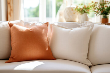Close-up of a fabric sofa with white and terracotta pillows. house, interior design of modern living room