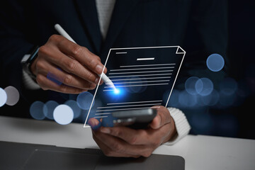 Businessman checkrist document management concept, online documentation database.