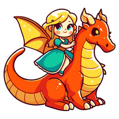 small girl princess riding an orange dragon
