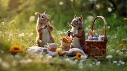 AI generated illustration of two squirrels sitting next to each other eating lunch outdoors - obrazy, fototapety, plakaty