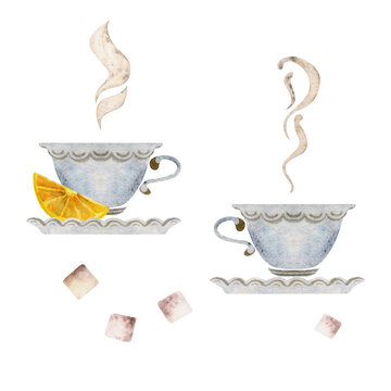 Watercolor hand drawn illustration. Porcelain tea cups with saucers, sugar cubes, lemon slices, creamer. Isolated on white background For invitations, cafe, restaurant food menu, print, website, cards