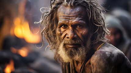 An elderly Australian Aboriginal warrior, bearing the scars of war, reflects in the dim firelight, his eyes telling tales of battles past.