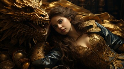 golden dragon and woman