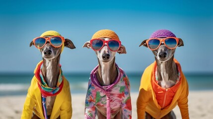 Three dogs wearing colorful clothes and sunglasses sitting on the beach. AI-generated.
