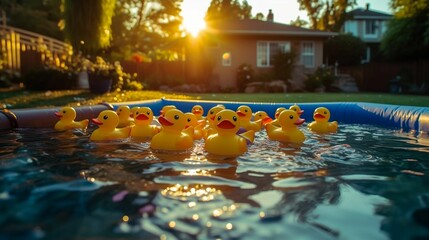 AI generated illustration of a vibrant swimming pool cheerful yellow rubber duckies - obrazy, fototapety, plakaty